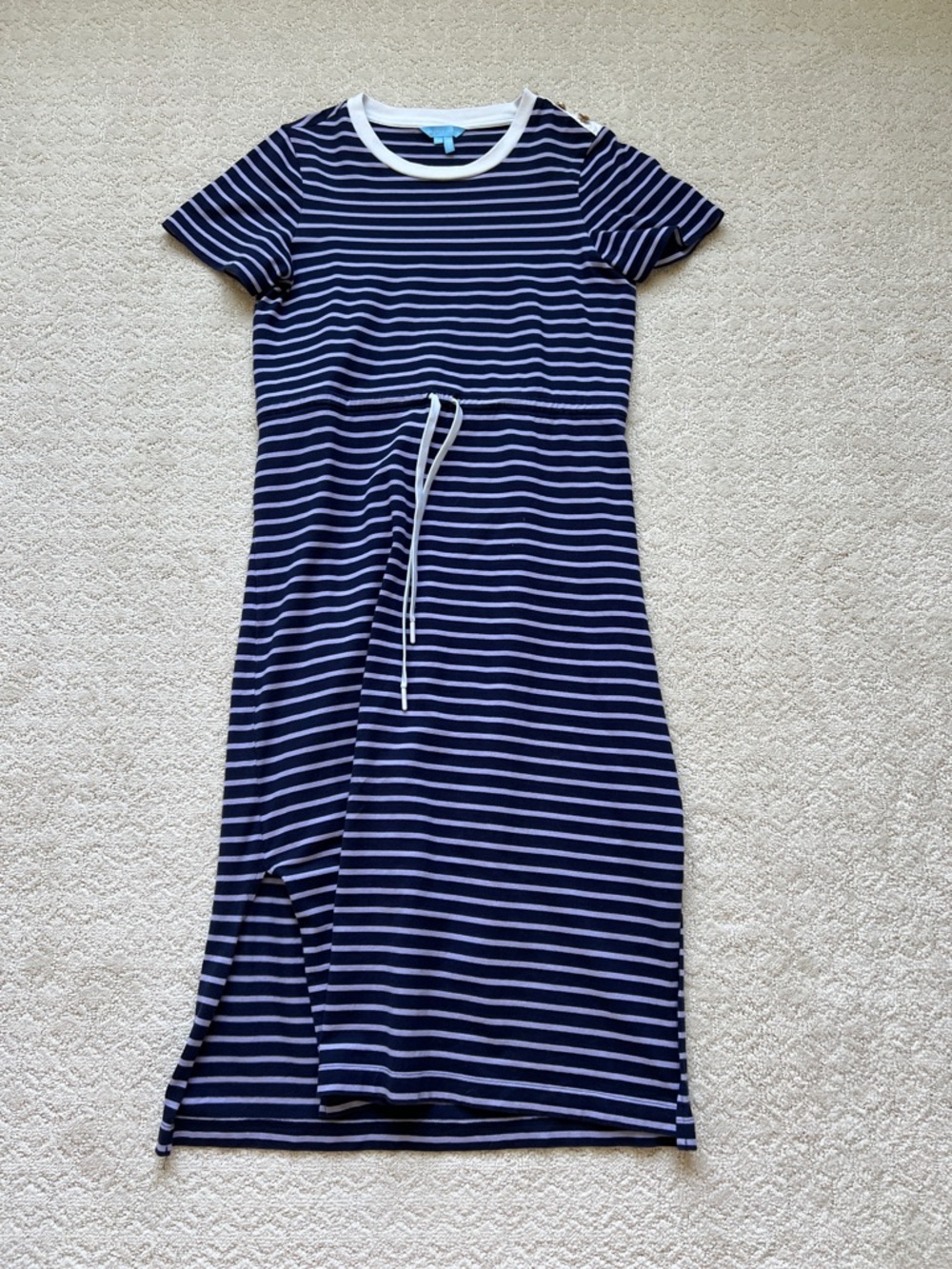 Draper James Navy Striped Short-Sleeve Drawstring Midi Dress